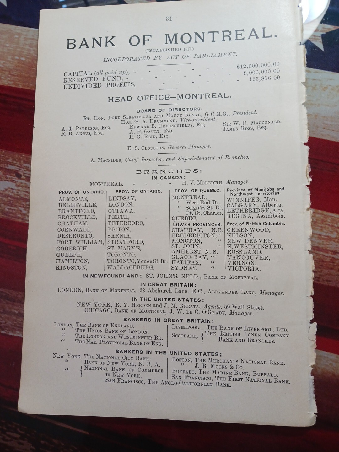 1902 Print Ad BANK OF MONTREAL Canada United States Great Britain Lord Strathcon