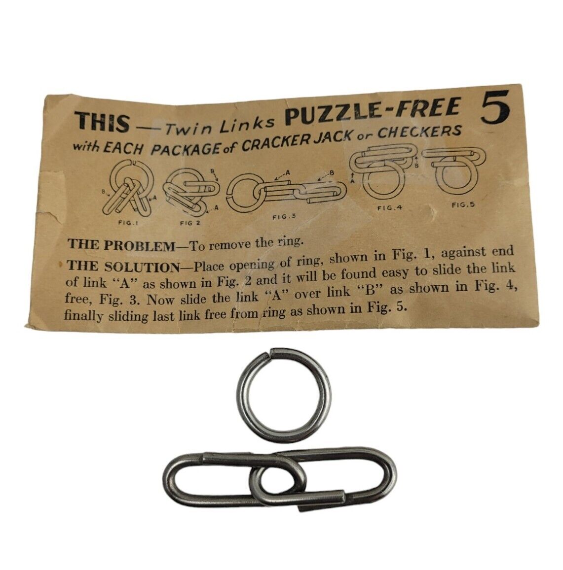 1930s CRACKER JACK PRIZE TWIN LINKS PUZZLE No 5 WITH ORIGINAL ENVELOPE