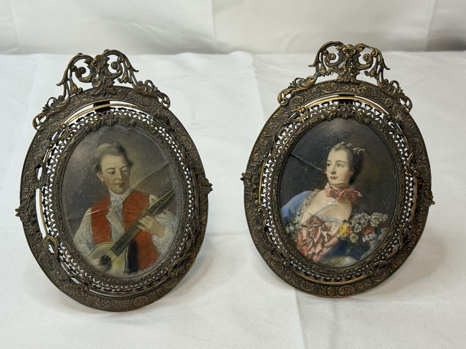 Antique Pair Of Continental Miniature Signed Paintings In Brass Frames