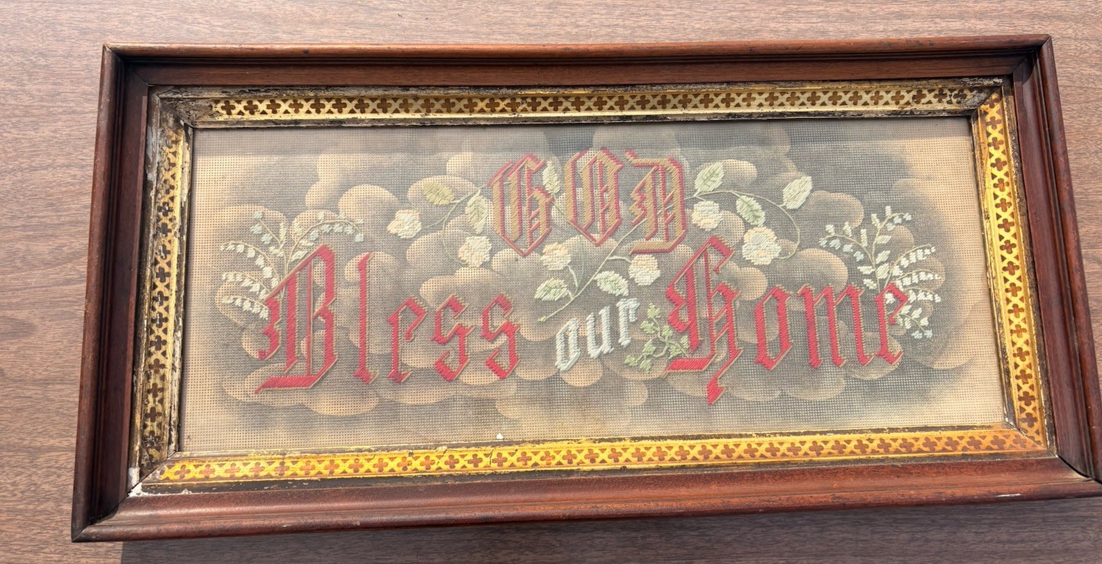 Antique Victorian Punched Paper God Bless Our Home Framed Motto Sampler