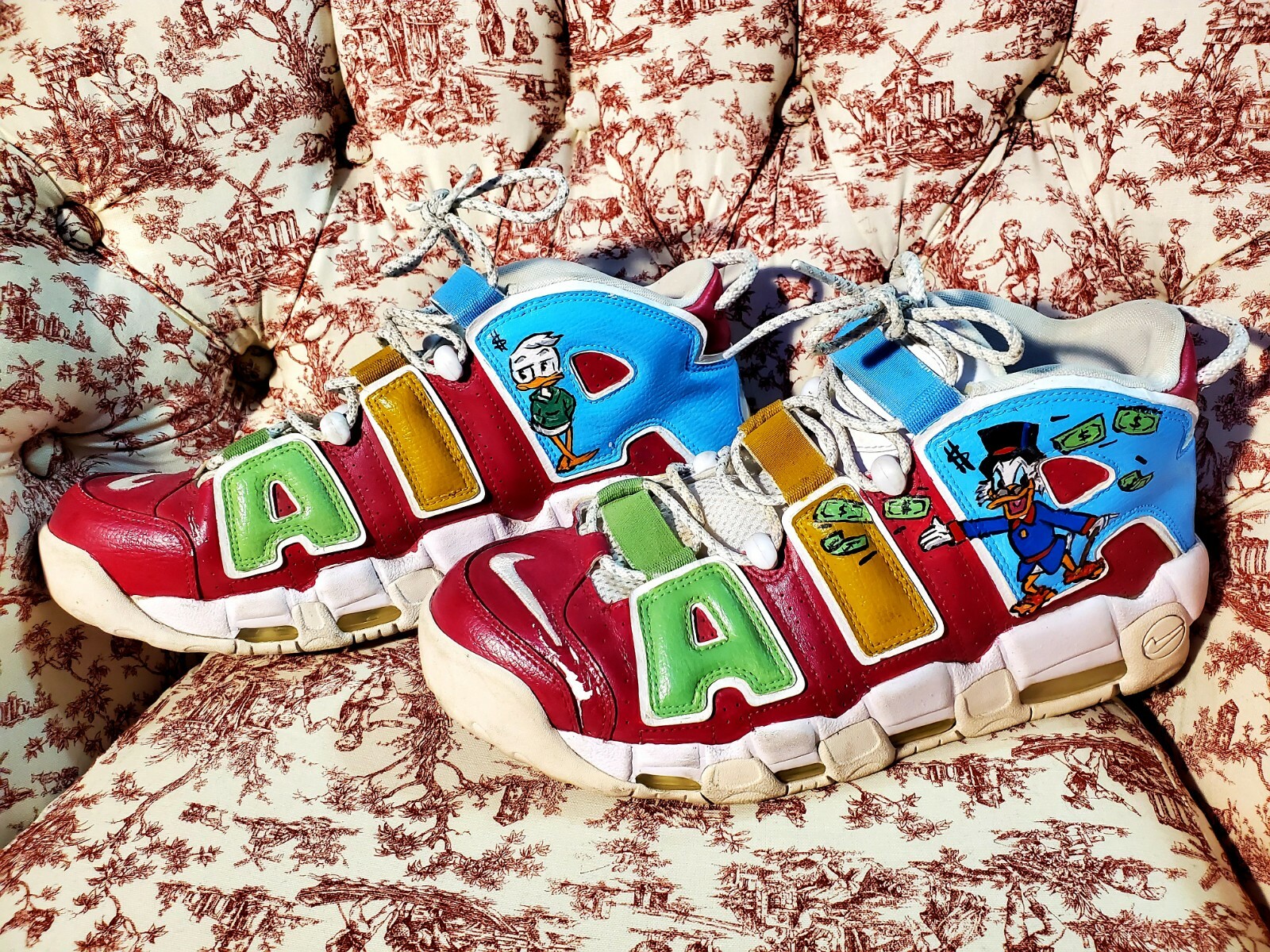 Custom Painted Nike Air More Uptempo Men\'s 11.5 Disney Donald/Scrooge