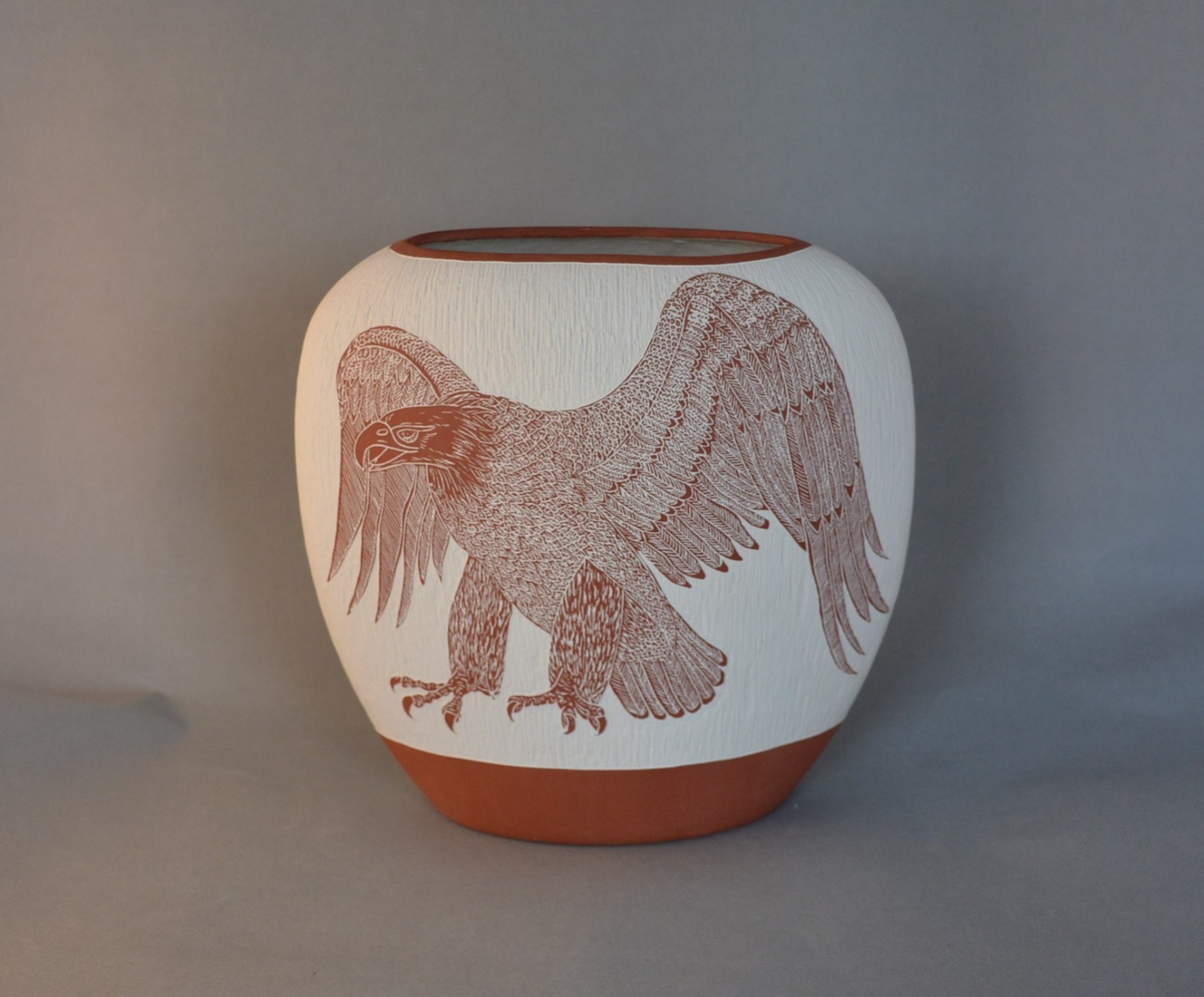 Vernon Bert Jojola - Isleta Pueblo Handcrafted Etched Pot - Eagle, Sun Face - 8 Vernon Bert Jojola - Isleta Pueblo Handcrafted Etched Pot - Eagle, Sun Face - 8