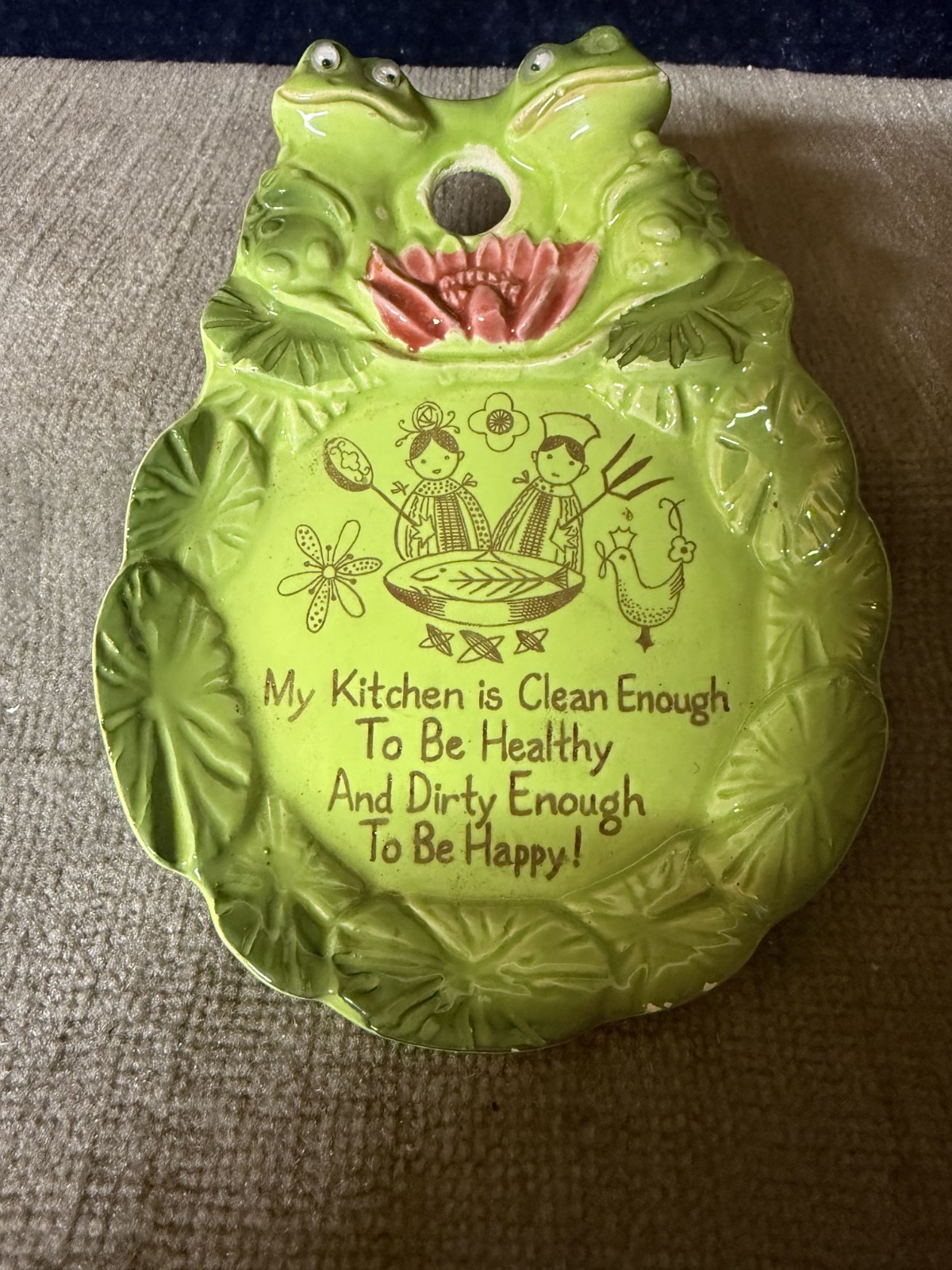 Vintage Made in Japan Green Frog Ceramic Kitchen Wall Plaque Spoon Rest
