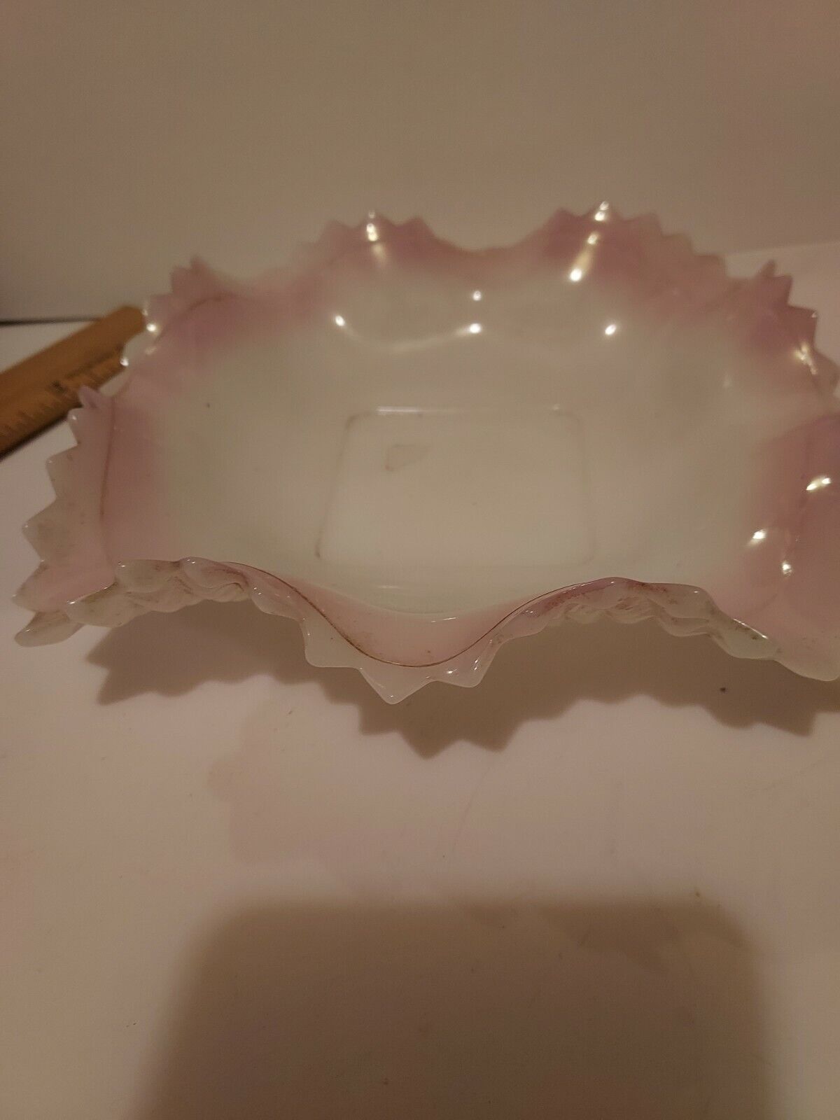 1930s Imperial Pink Edge Square Milk Glass Candy Dish