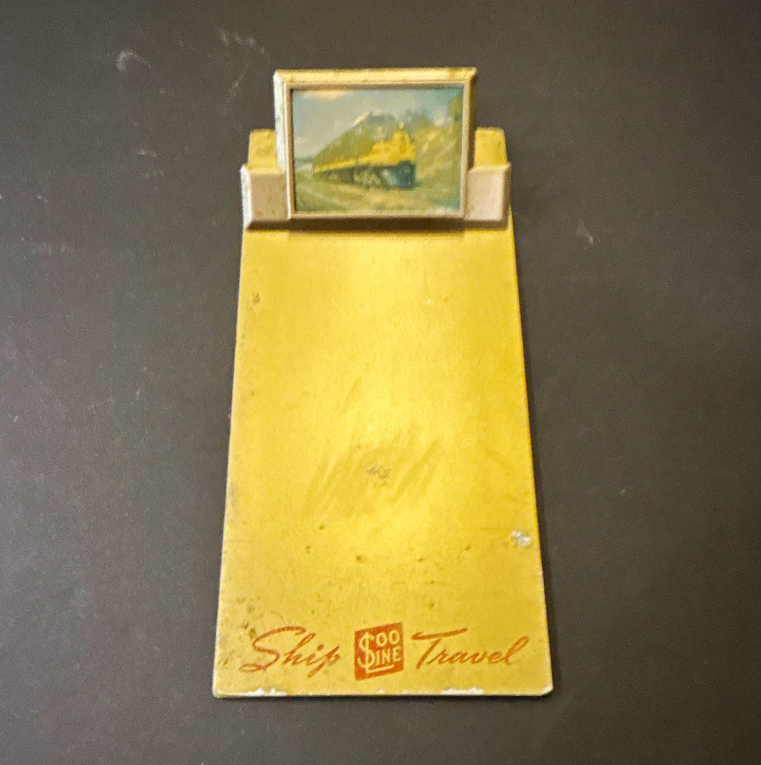 Vintage “Soo Line Travel” Metal Railroad Desk Accessory w/ Train Image 