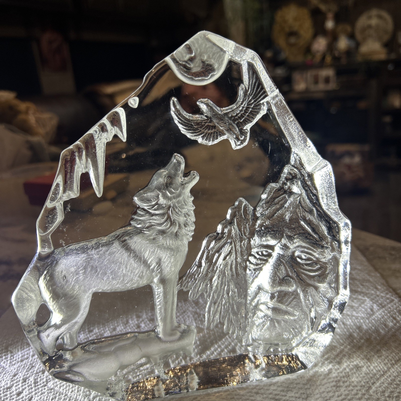 Etched Glass Paperweight Native American Howling Wolf Eagle Clear