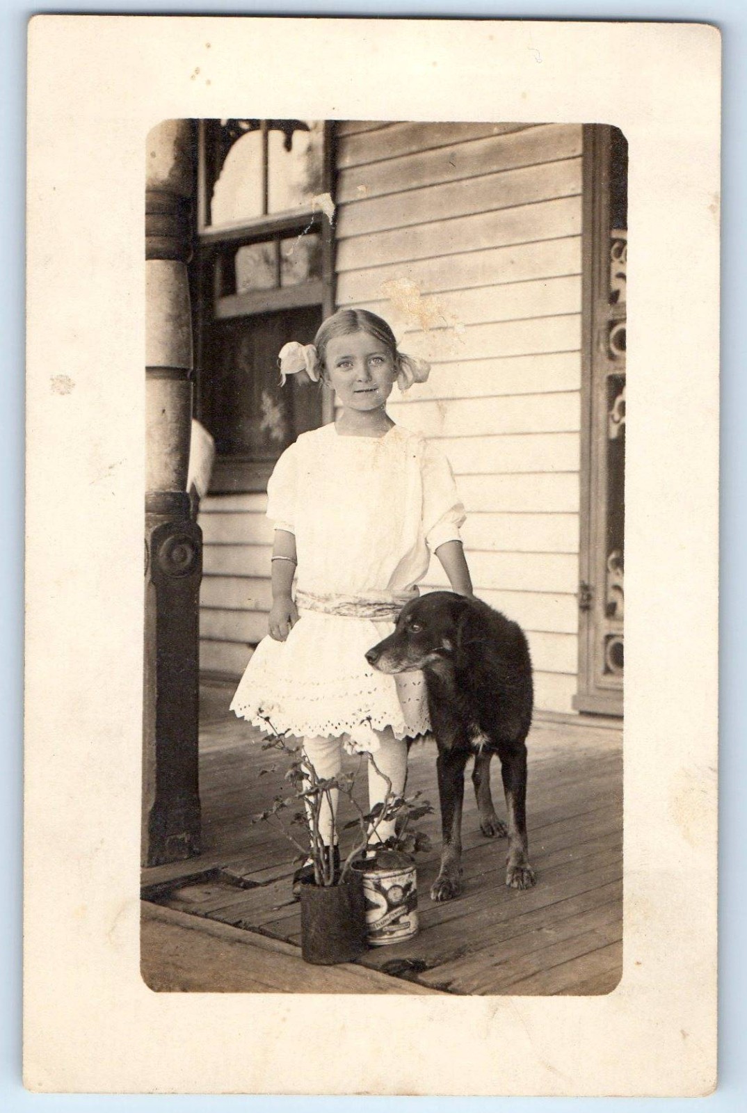 c1910's Young Girl With Her Dog House Porch RPPC Photo Antique Postcard