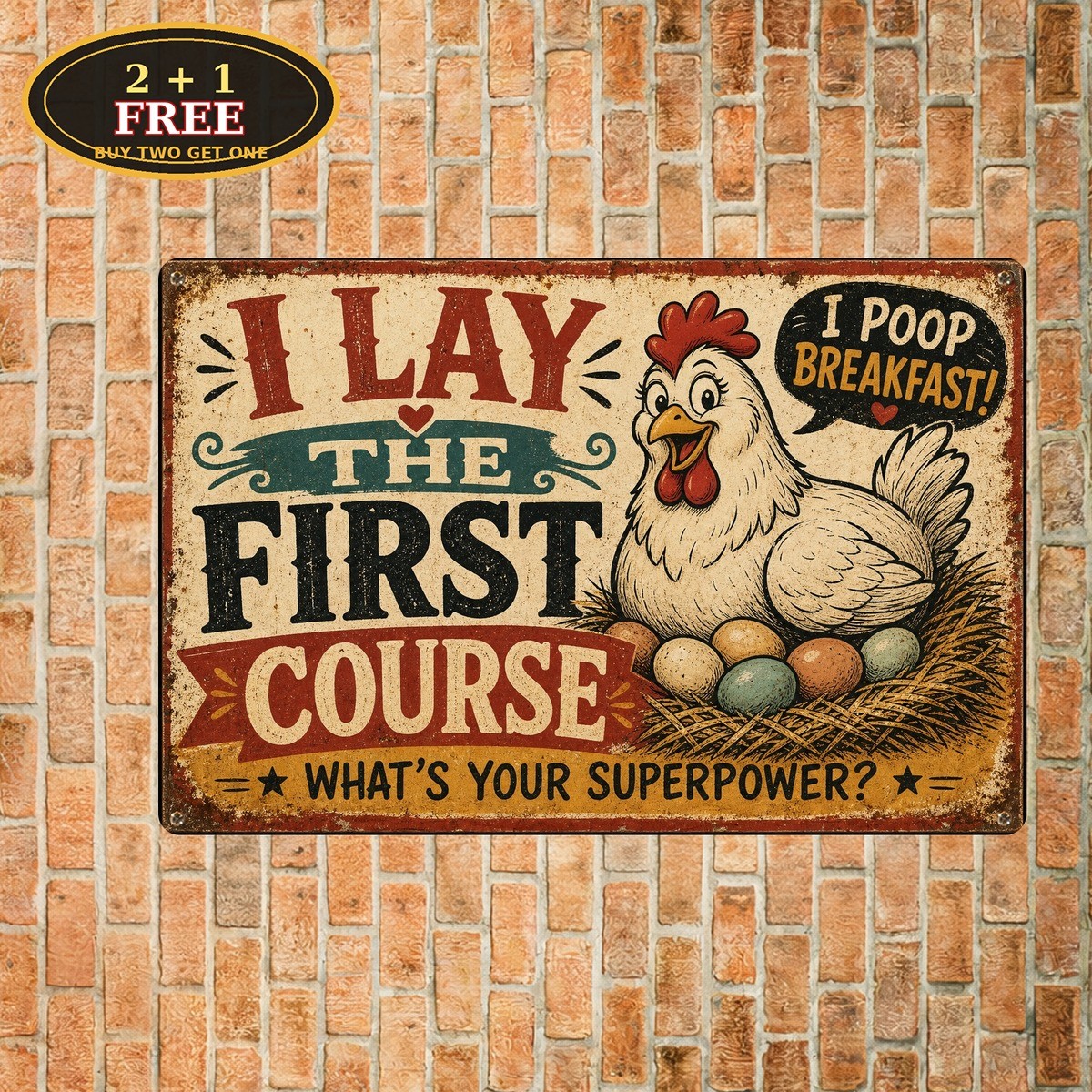Funny Chicken Coop Poop For Breakfast Sarcastic Metal Tin Sign Plaque
