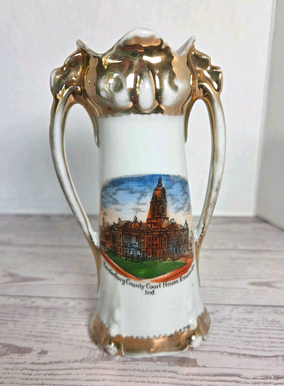 Ceramic Souvenir Vase 5in, Vanderburg County Court House Evansville, IN Ceramic Souvenir Vase 5in, Vanderburg County Court House Evansville, IN