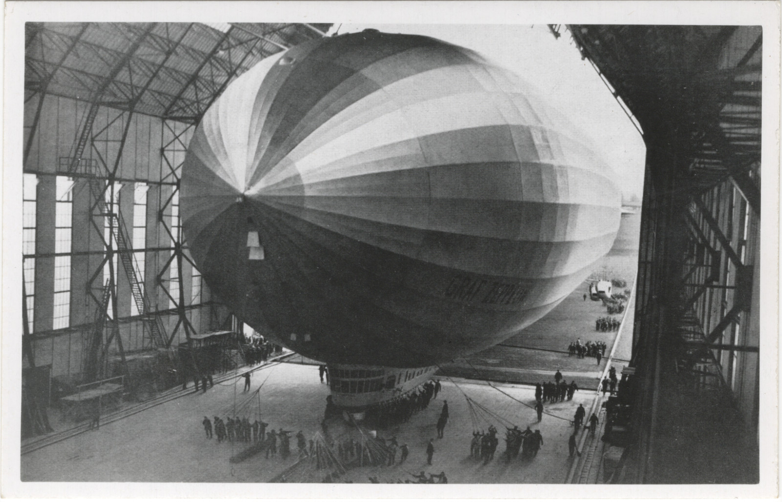 Vintage Graf Zeppelin LZ-127 Airship Photo Postcard Inside Hangar Ground Crew