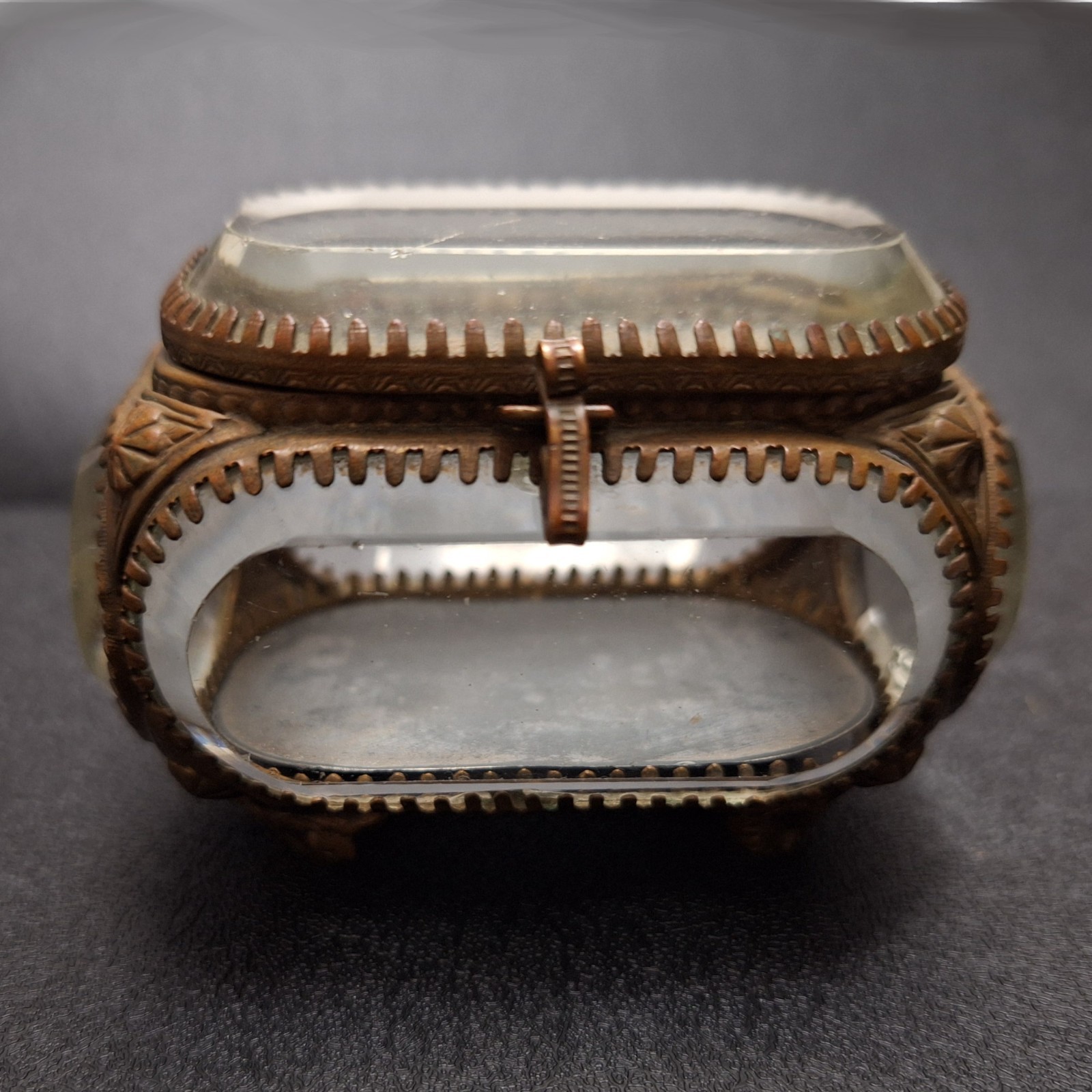 Antique Beveled Glass Brass Jewelry Casket French Victorian Trinket Box 3-1/8\
