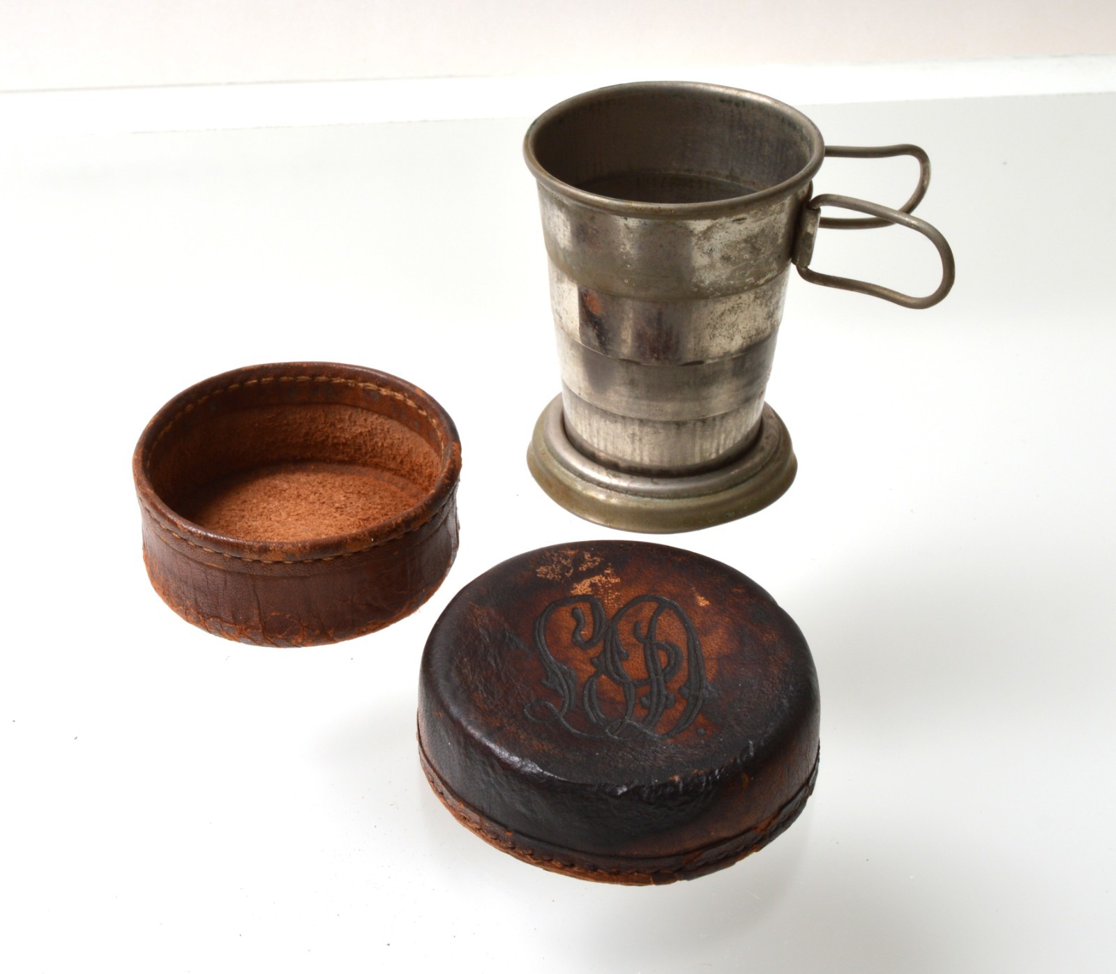 Vintage Collapsible Cup with Leather Case Marked with the letter R