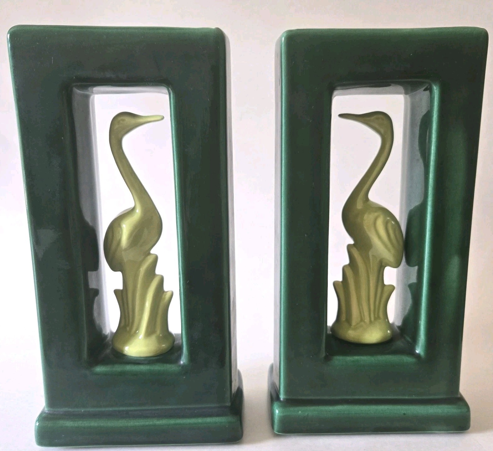 Vintage MCM Crane Pocket Vases Pair Art Deco Chartreuse Forest Green Cutout 9.5\