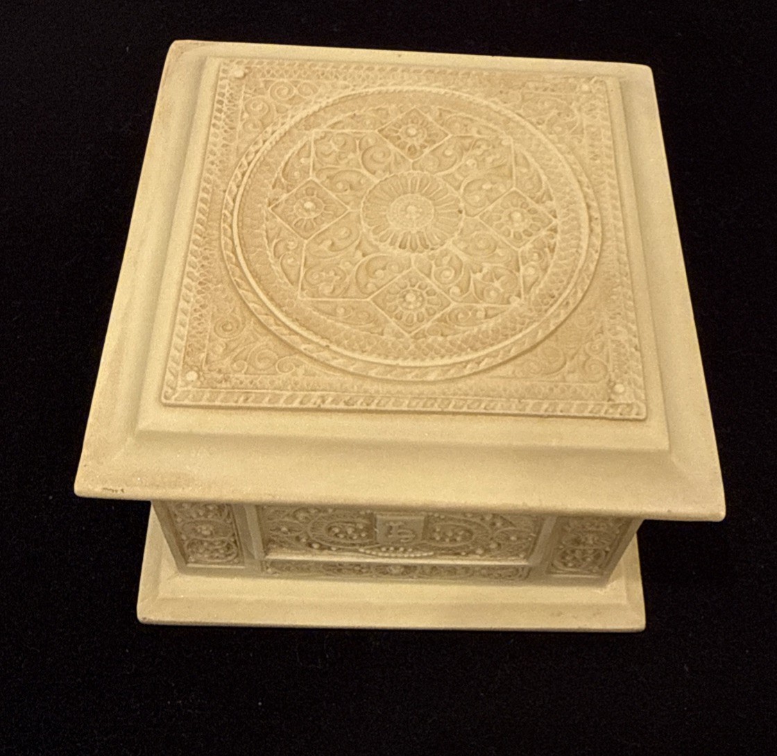 Incolay Cream Square Stone Handmade Jewelry Box Detailed Scrolling Mandela VTG