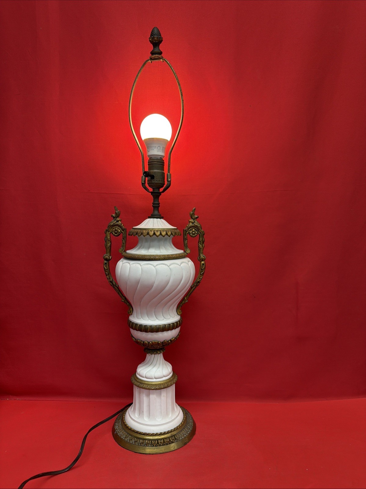 Vintage French Louis XVI Style White Porcelain Urn Table Lamp 31” Gold Tone