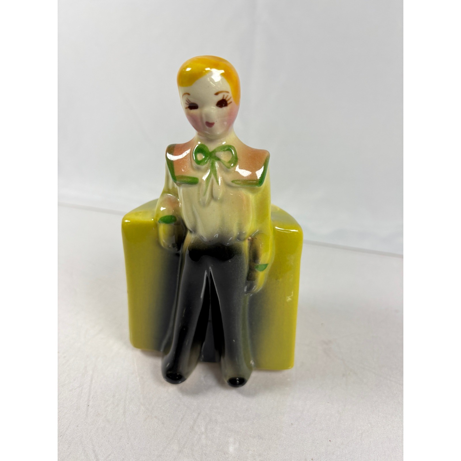 Vintage Ceramic Boy Figurine Planter Mid Century Chartreuse Yellow Sailor Decor
