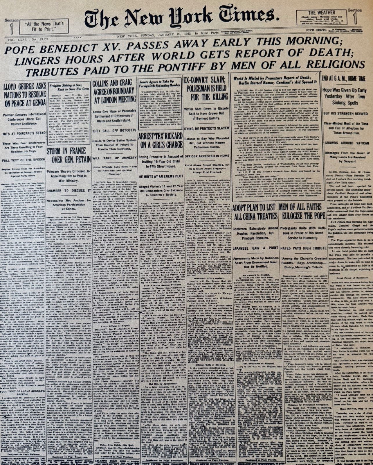 Vintage Pope Benedict XV Dies 1922 NEW YORK TIMES News Article Estate Sale Find Vintage Pope Benedict XV Dies 1922 NEW YORK TIMES News Article Estate Sale Find