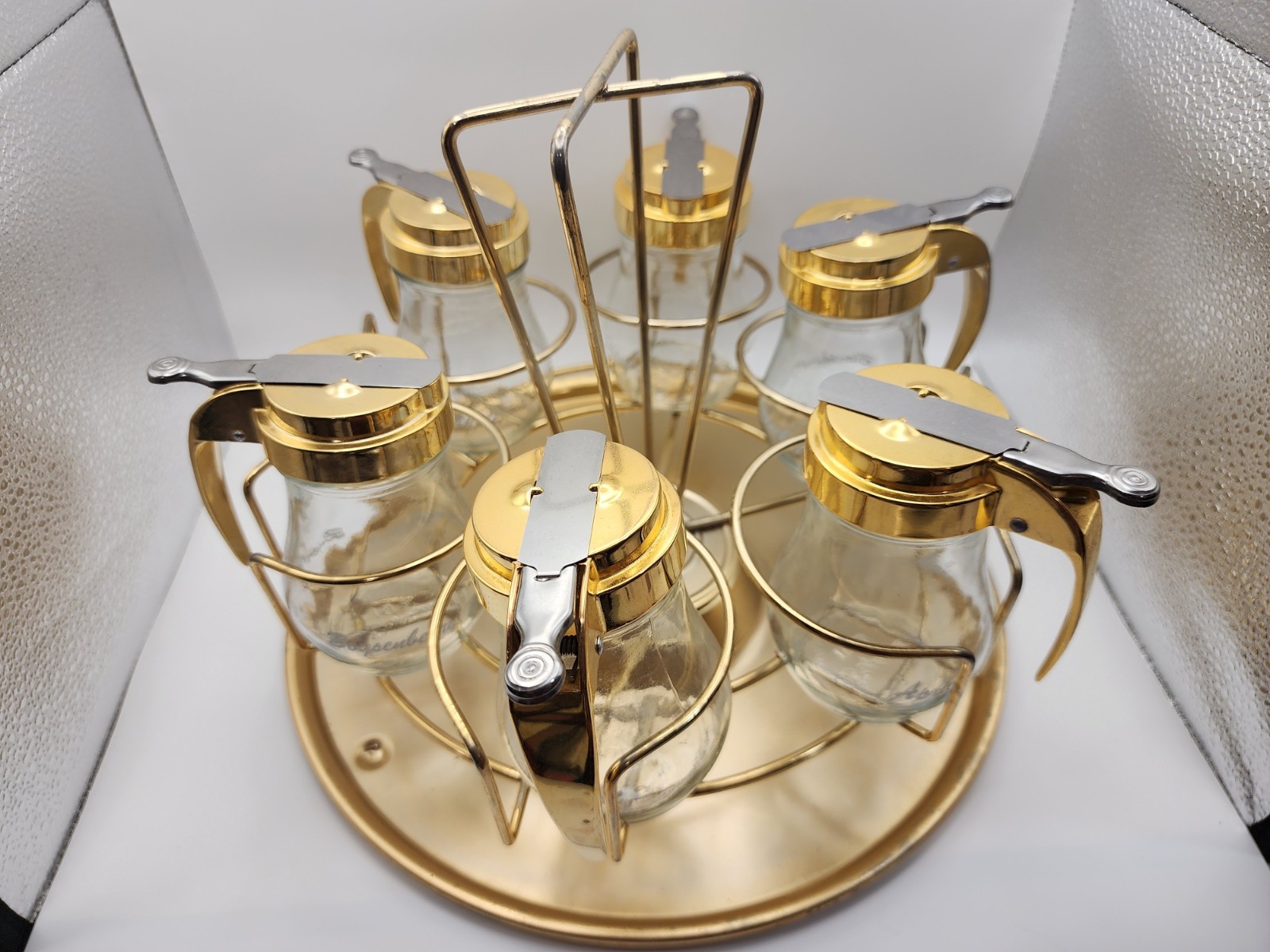 Vtg RARE MCM Retro Syrup Caddy Carousel Condiment Gold Breakfast Diner Dripcut