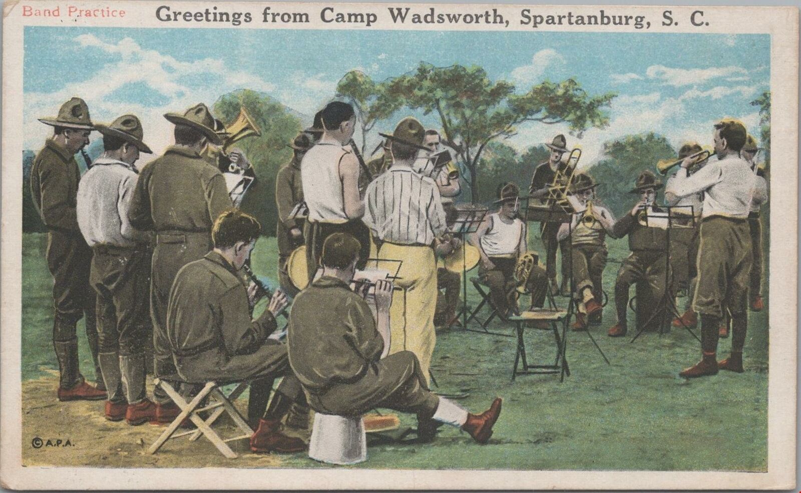 Postcard Military Band Practice Greetings from Camp Wadsworth Spartanburg SC 