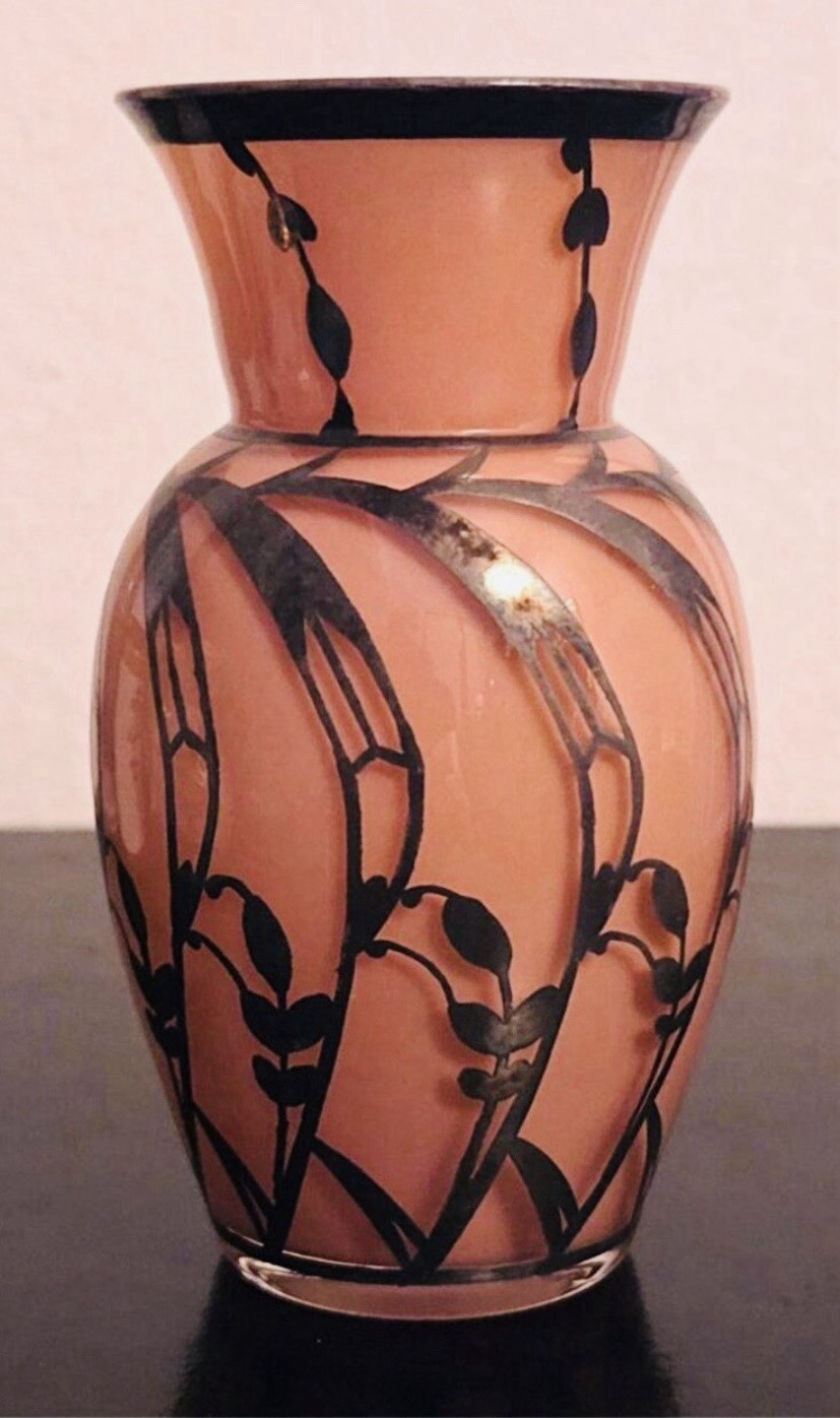 ART DECO Bohemian JOSEPHINEHUTTE POHL Salmon Pink Glass vase Silver overlay