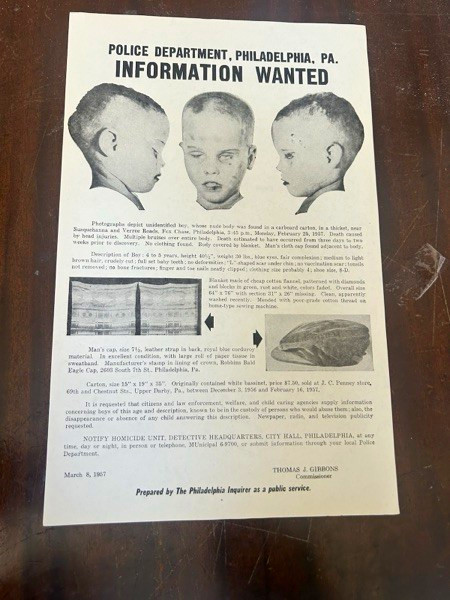 1957 Information Wanted Poster Boy in the Box Philadelphia Missing original 