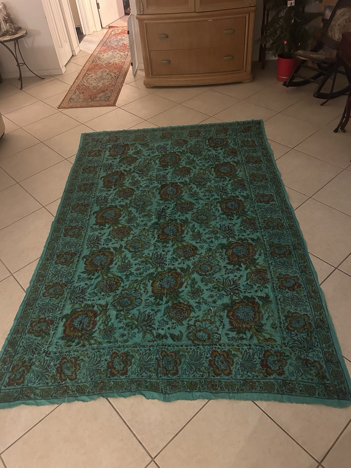 Vintage Hand Dyed Textile Print Fabric Teal Blue Floral Print Cotton/linen