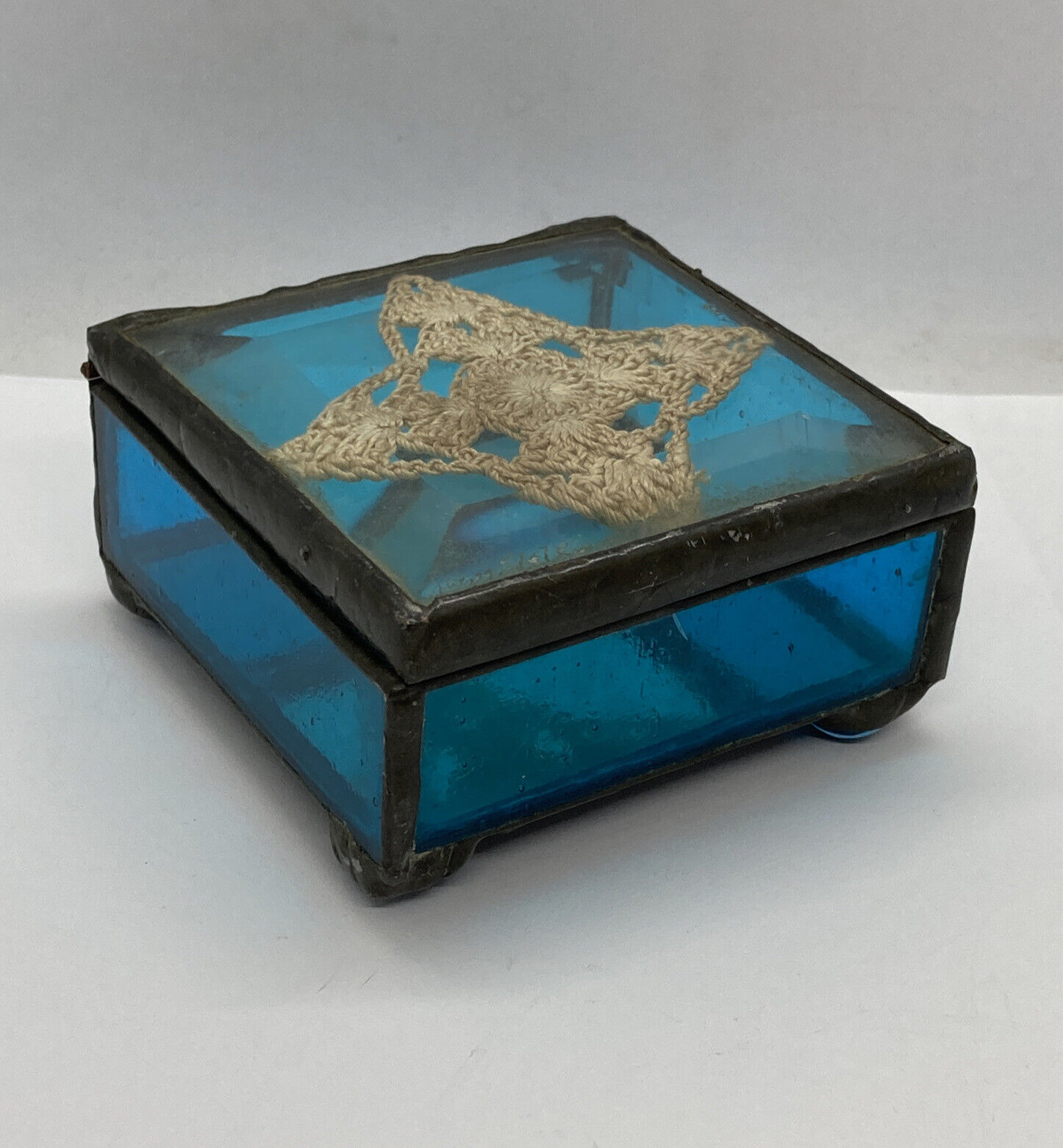 Vintage Leaded Stained Glass Small Box Blue Hinged 3”x3”x1-3/4”