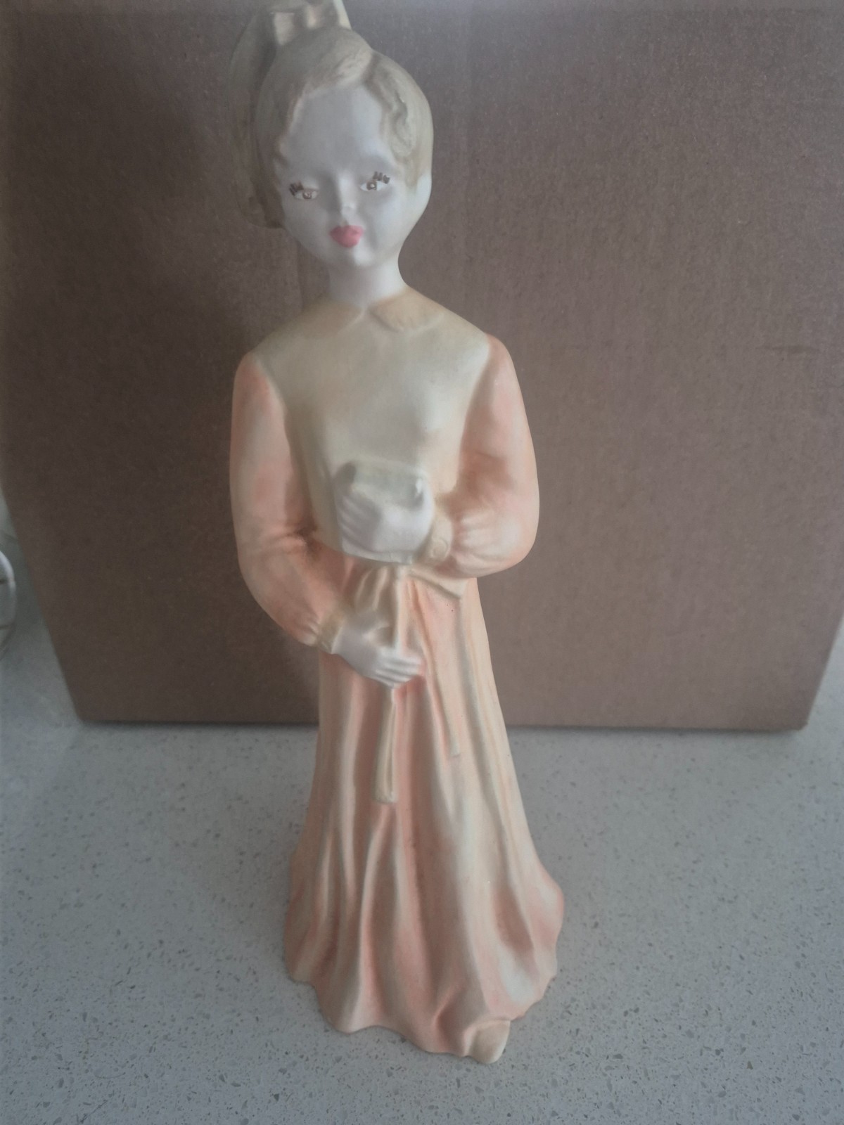 Vintage Mid-Century Ceramic Lady Figurine Peach Gown Holding Book Hand Painted Vintage Mid-Century Ceramic Lady Figurine Peach Gown Holding Book Hand Painted