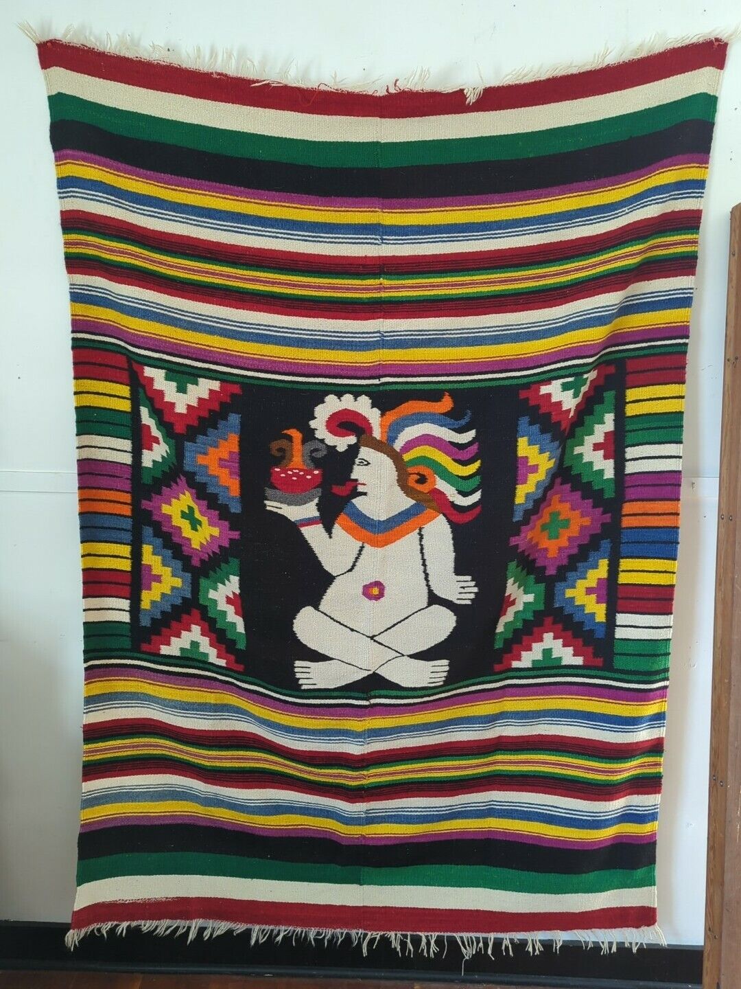 VINTAGE 1960'S HAND WOVEN MEXICO MULTICOLOR WOOL BLANKET 