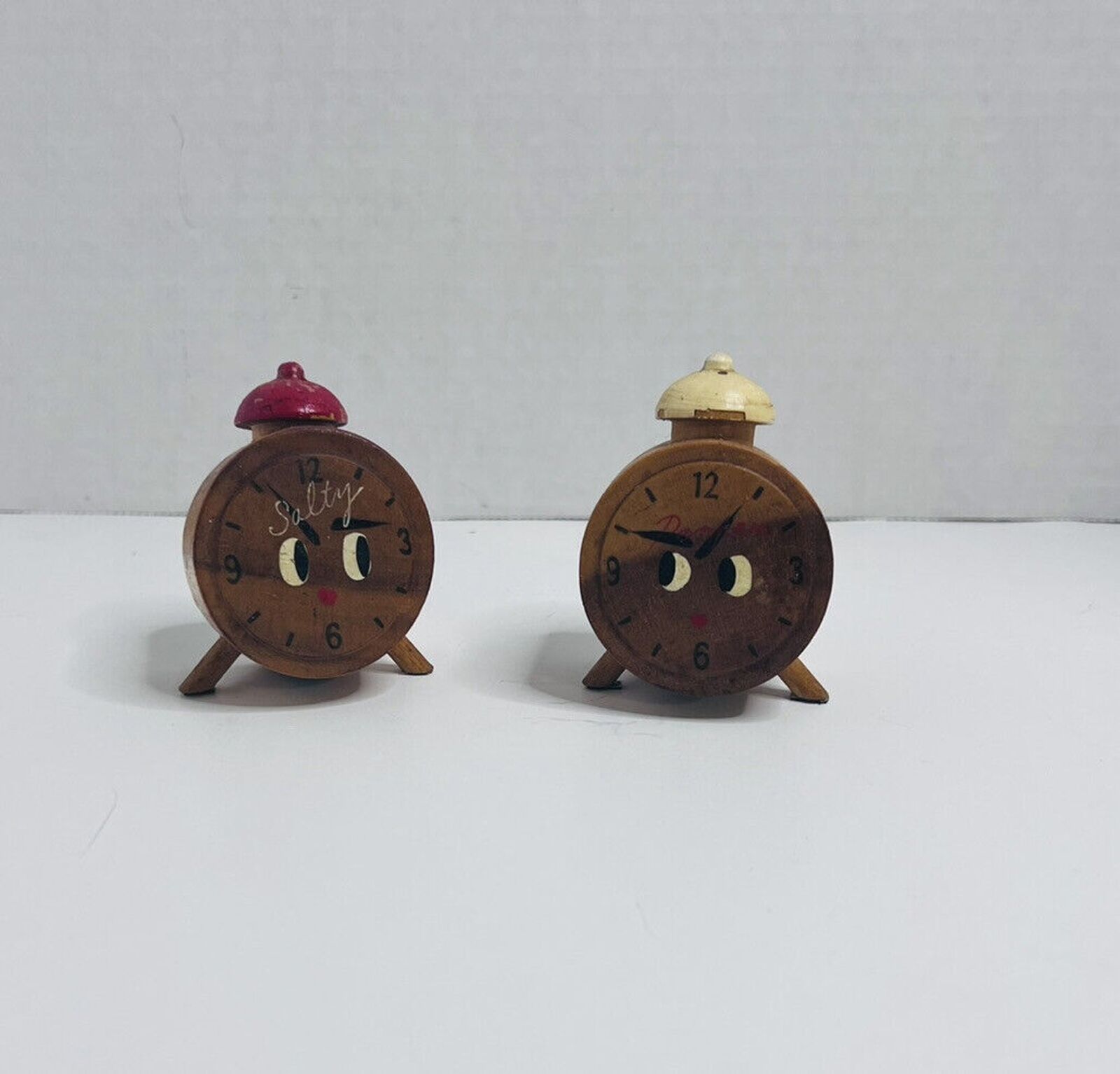 Vtg Wood Alarm Clocks Eyes Feet Salt & Pepper Shakers Japan corks Hand Painted