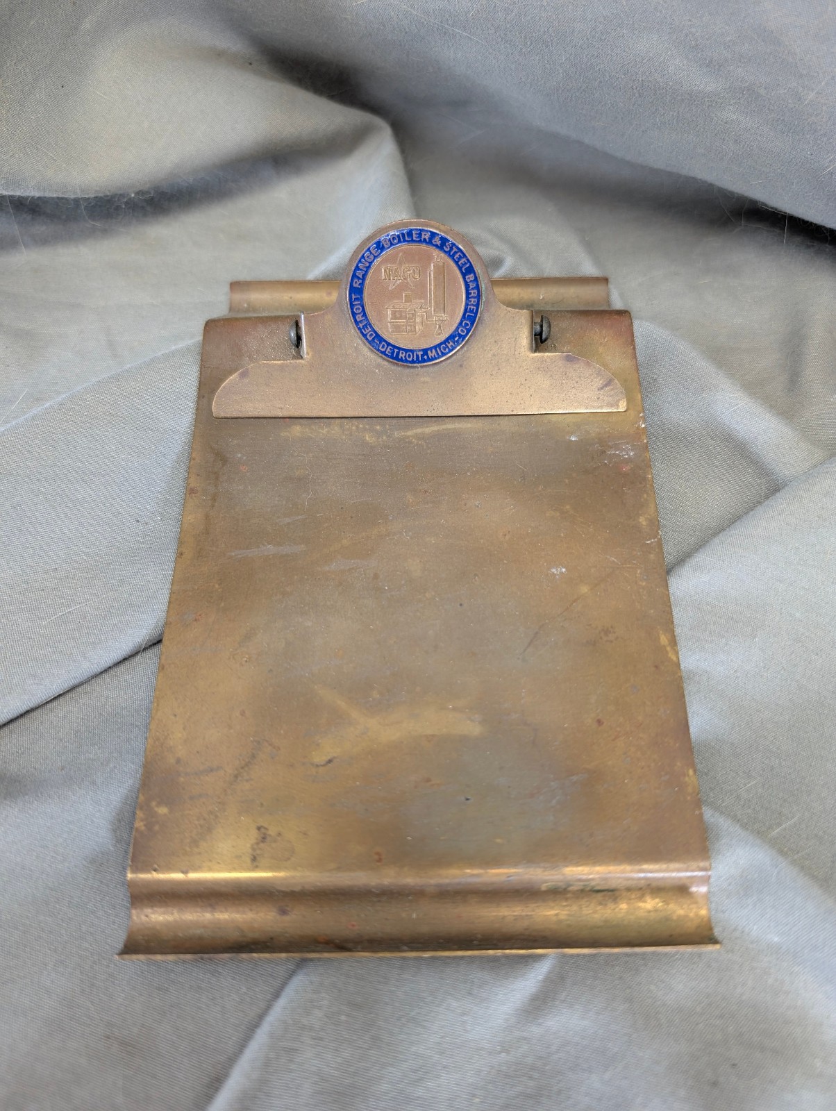 Antique Brass Advertising Mini Clipboard Detroit Range Boiler & Steel Barrel Co.