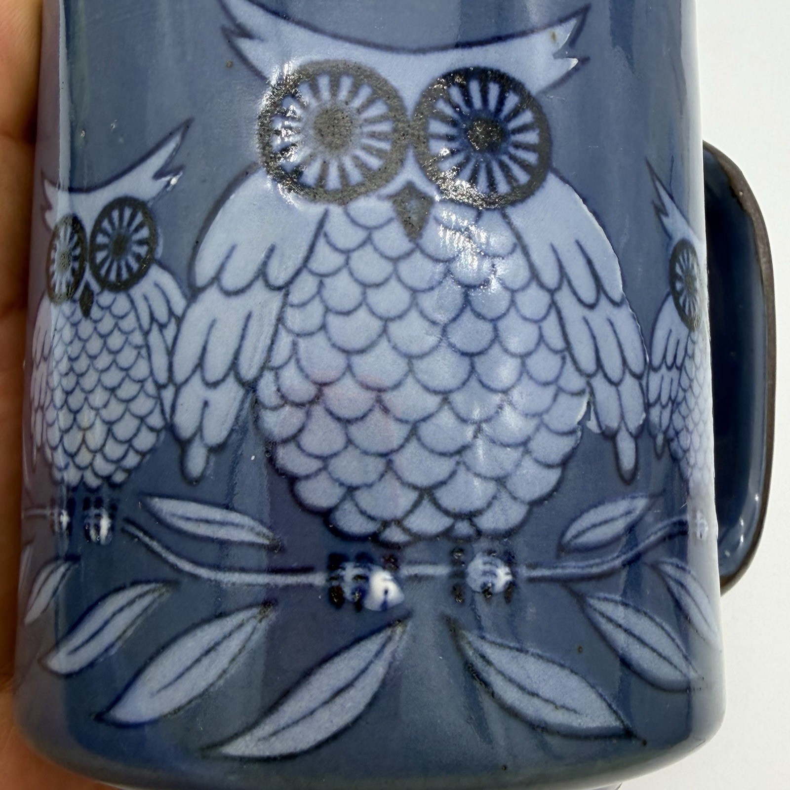 vintage Otagiri Owl Mug Blue White hand-painted stoneware coffee 1970s