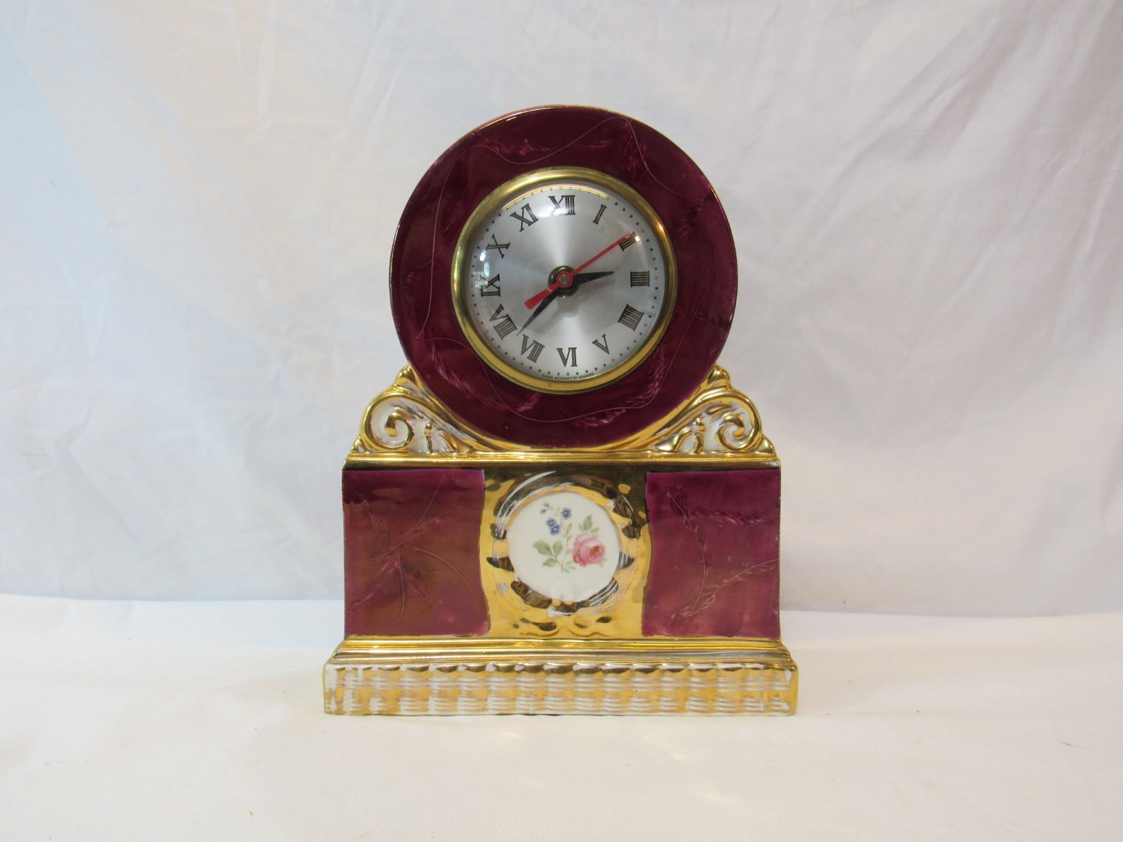 Vintage Sessions Mantle Maroon Clock Faux Marble Gold Trim