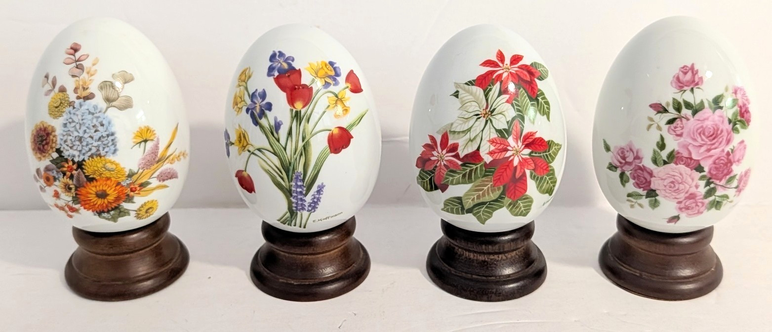Avon - 1987 & 1988 Avon Porcelain Eggs - Set of 4 w/Wood Holders