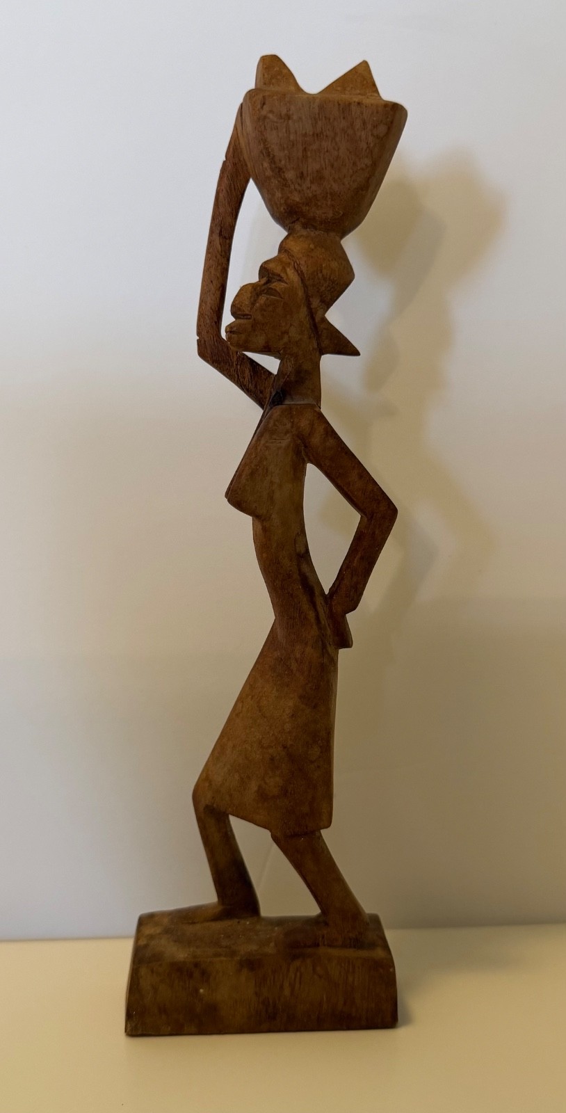 Vintage Wood Carved Sculpture African Haiti Tribal Woman Carrying Basket Figure