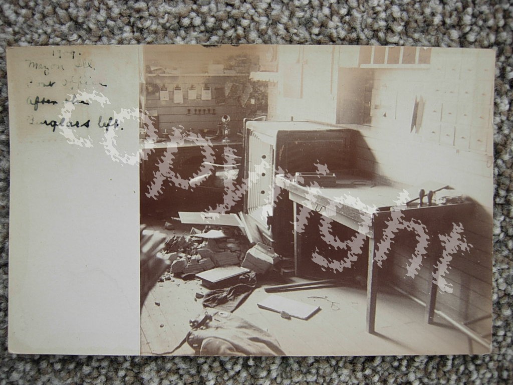 RPPC-MAZON IL-POST OFFICE INTERIOR AFTER BURGLARY-1909-BLOWN OPEN SAFE-ILLINOIS