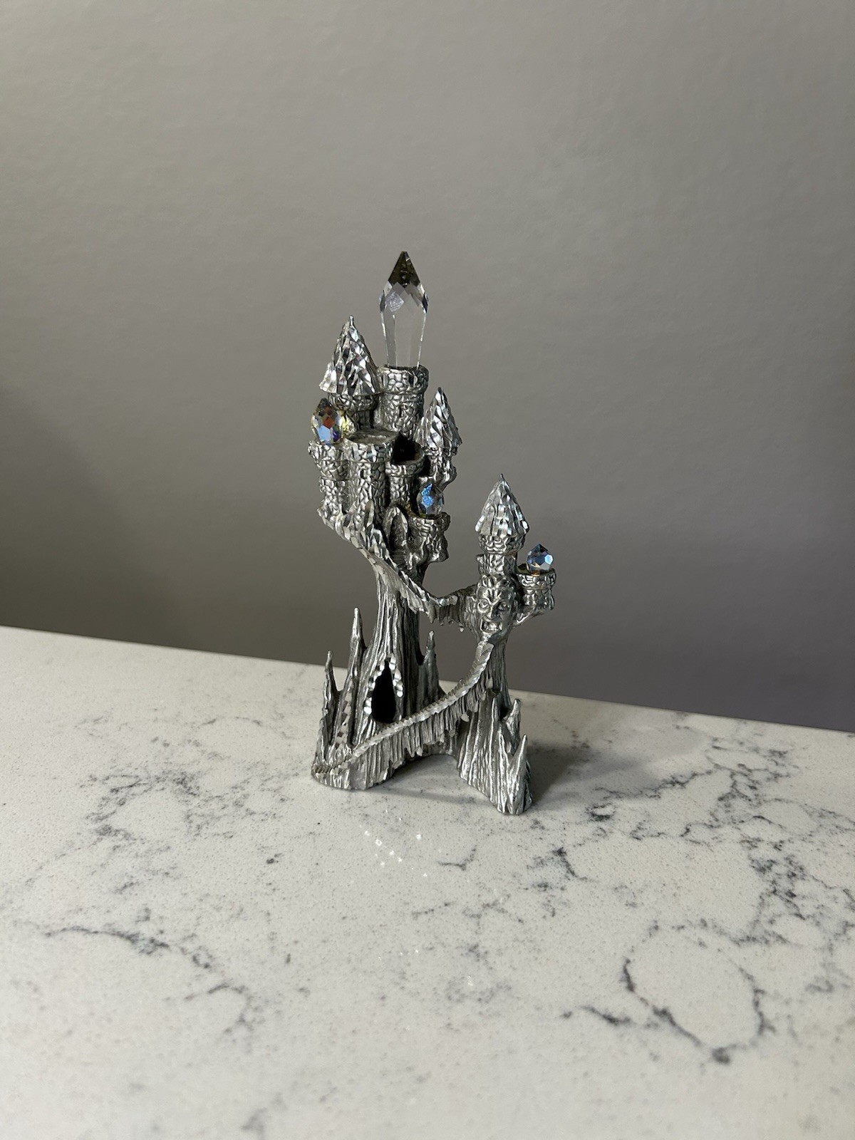Rare Vintage Pewter Metal Fantasy Castle Figurine w/ Crystal Accents 5in