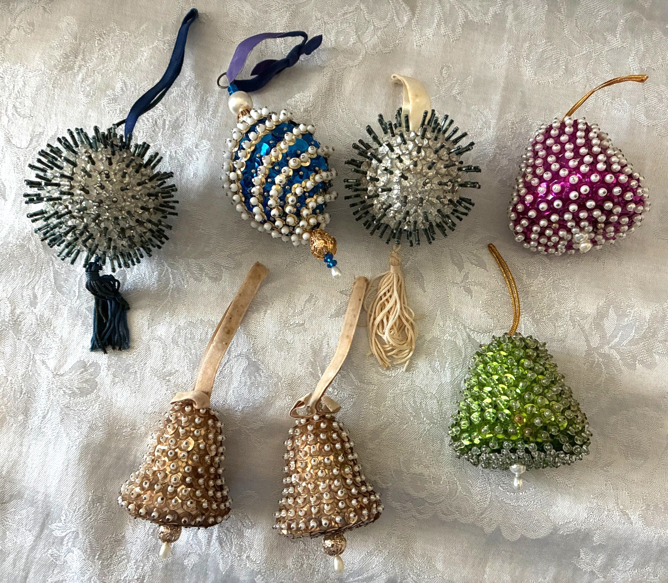 7 Vintage Sequin, Faux Pearl, Beads,  Push Pin Christmas Ornaments Bells & Balls
