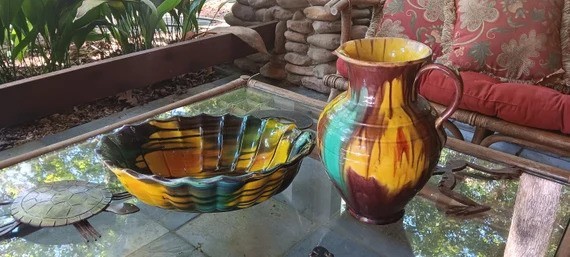 Vintage Mexican Drip Glaze Pottery Pitcher and Bowl Set Multicolor Ceramic