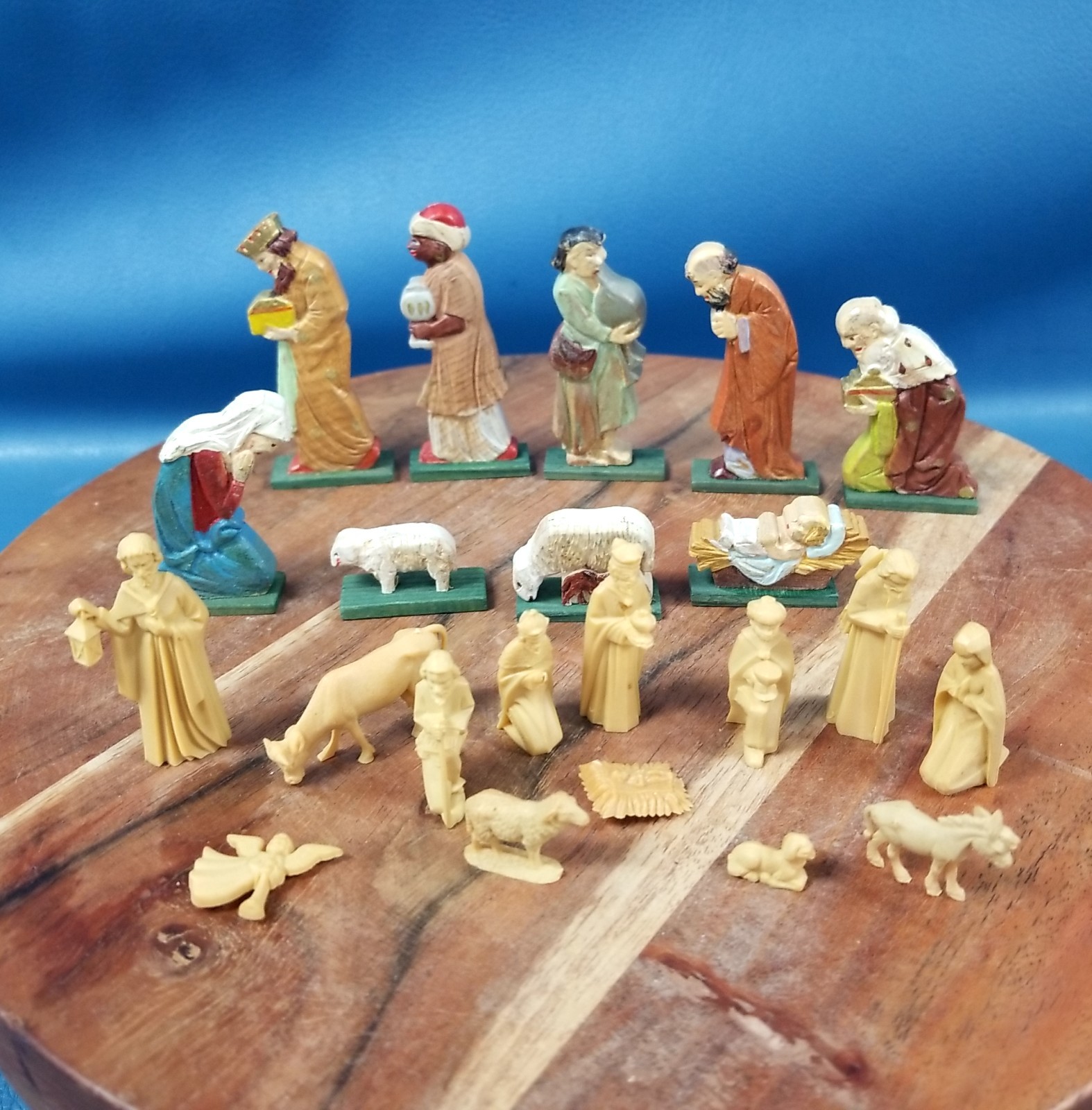 Two Miniature VTG 1960s Nativity Sets; Wood Carved Painted & Plastic Micro Mini
