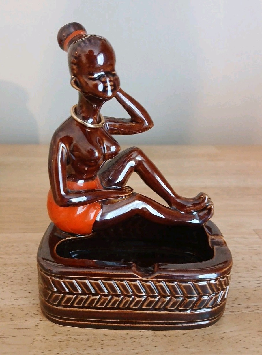 Vtg 1950s Ashtray Kreiss & Co. African Tribal Woman Figure Gloss Brown w/Label