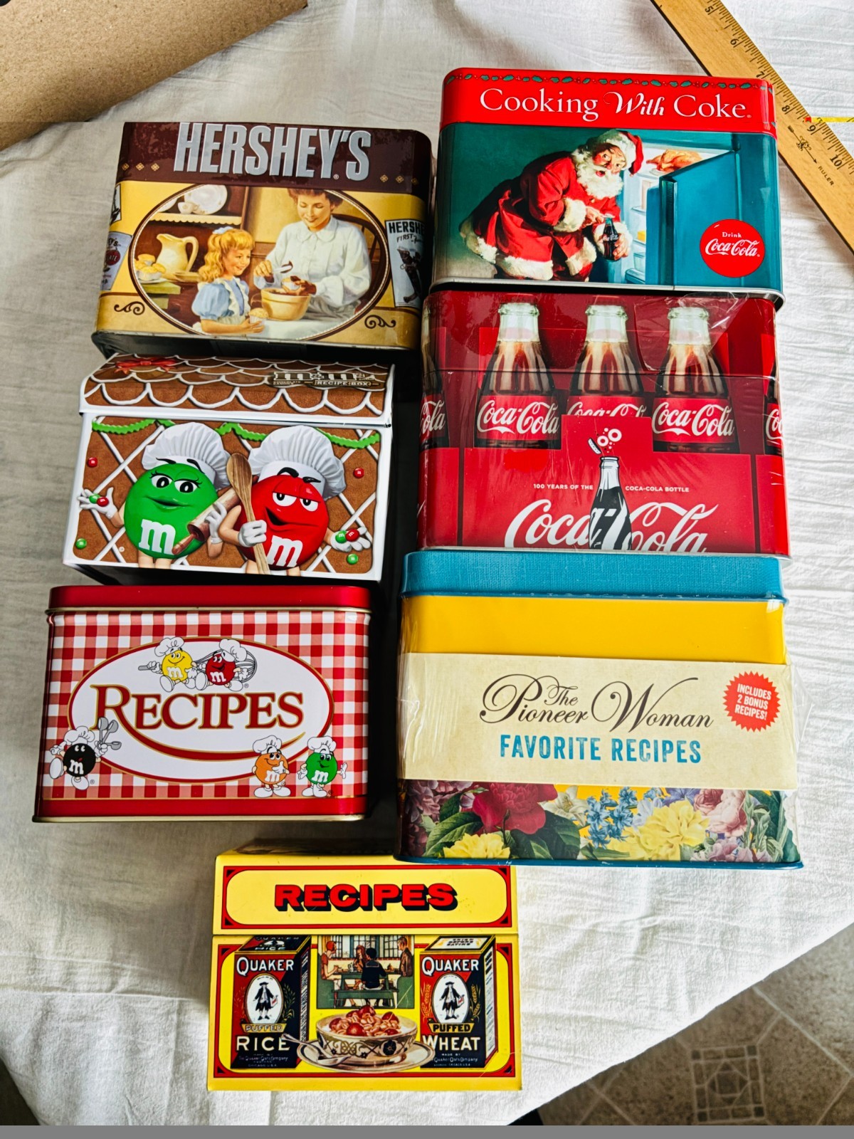 Vintage Tin Recipe Box Lot - M&M Coke Coca Cola Hershey Pioneer Woman Quaker