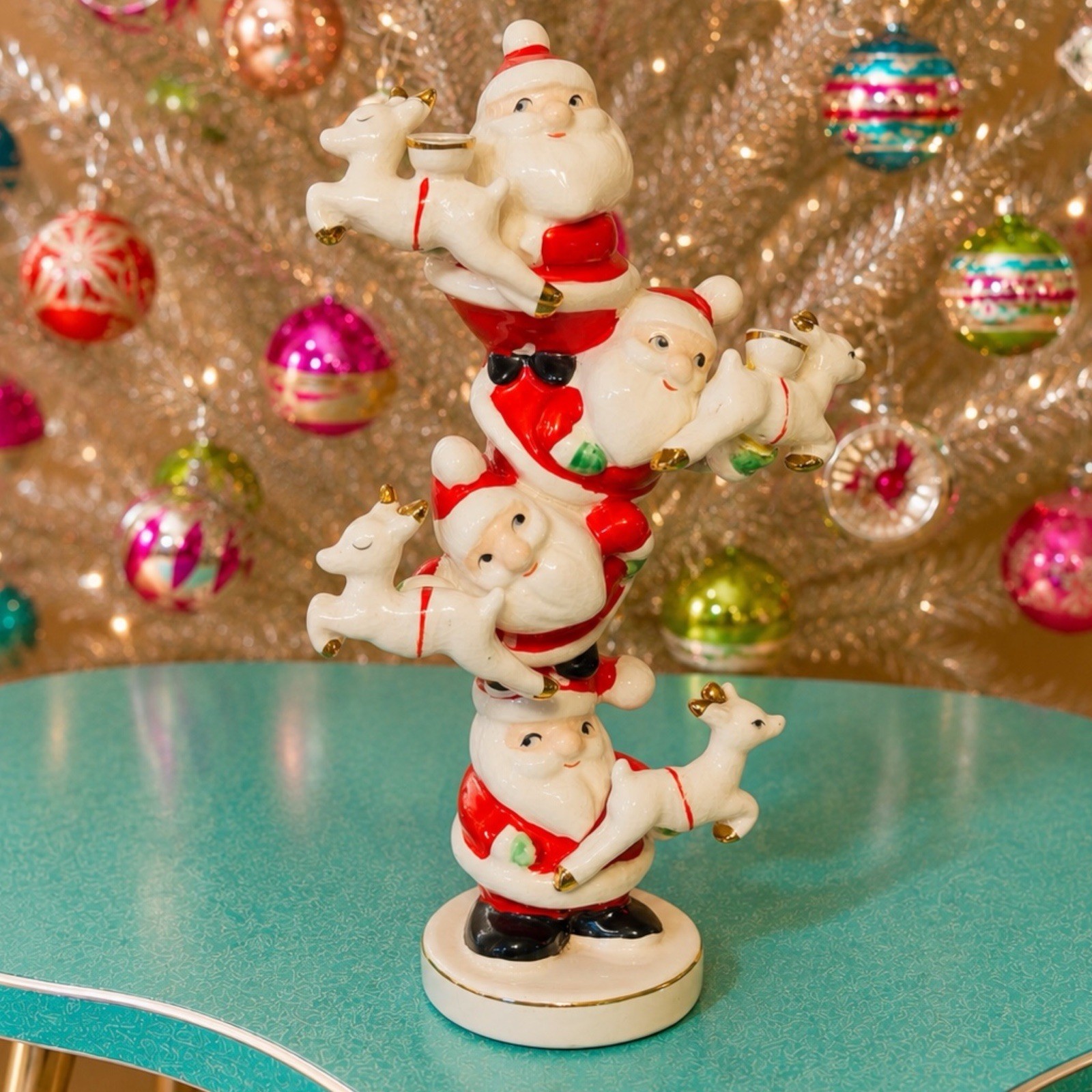 Vintage Norcrest NOEL Santa Reindeer Totem Candleholder Candelabra MCM Japan
