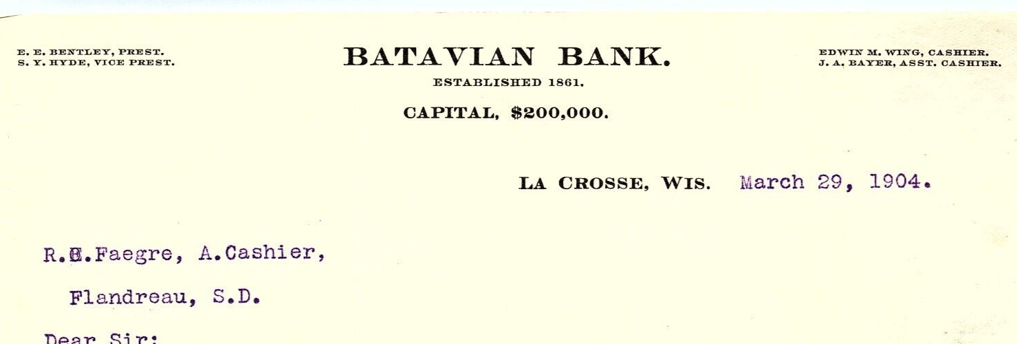 1904 LA CROSSE WISCONSIN BATAVIAN BANK EST 1861 BILLHEAD LETTERHEAD Z5496