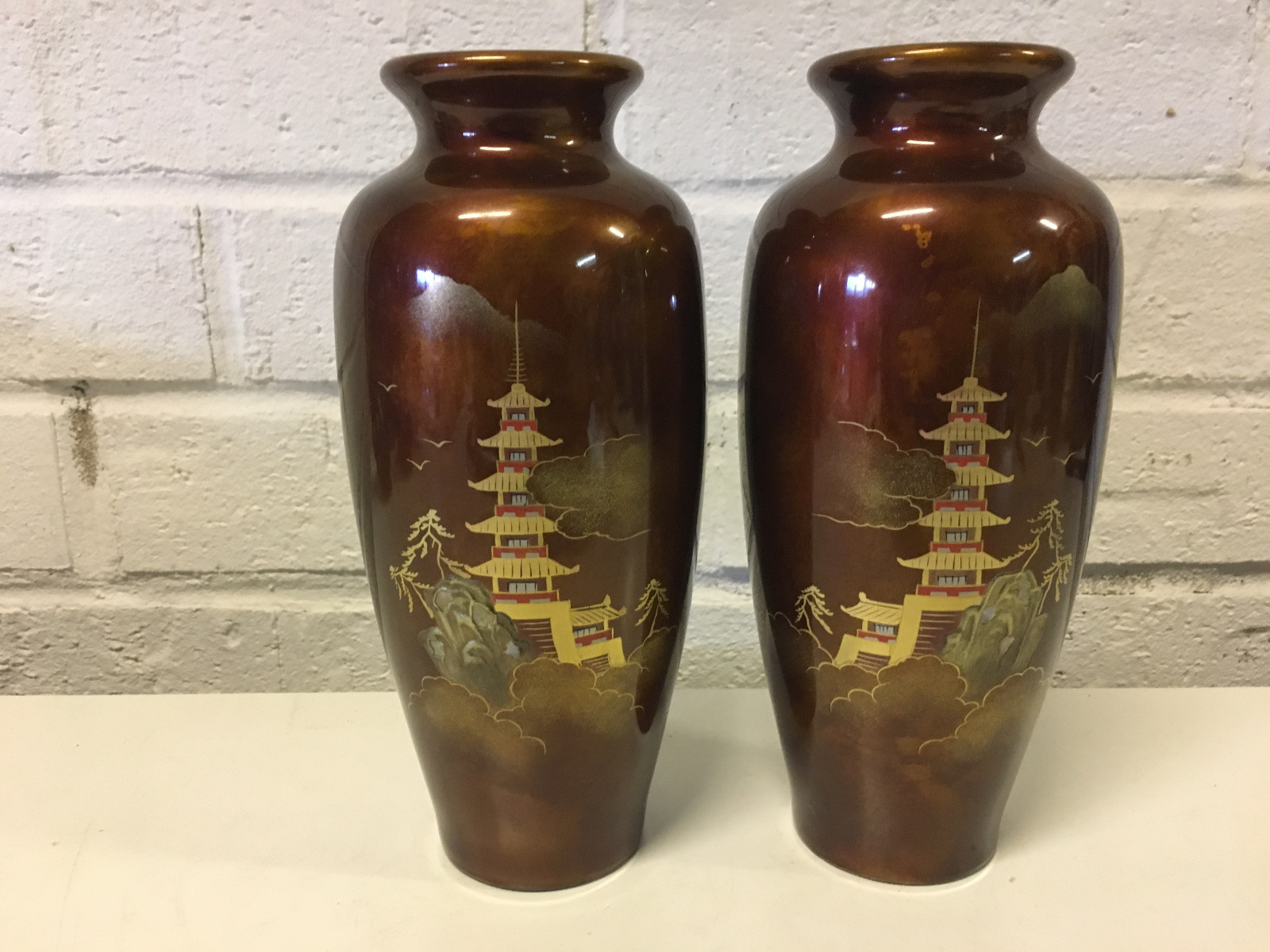 Vintage Pair of Japanese Maruni Lacquer Porcelain Vases w/ Pagoda Decoration