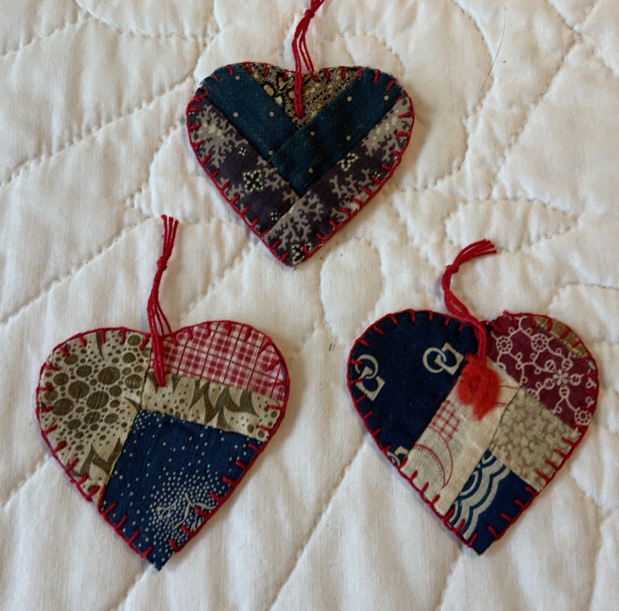 Three Heart Ornaments, Hand Made, Antique Quilt Top, Early Calicos