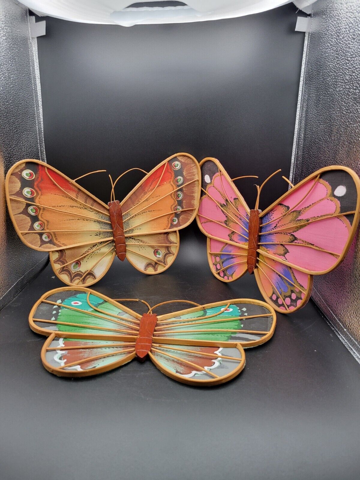 Vintage Bentwood Bamboo Butterfly Wall Hangings Decor Fabric Wings Set 3