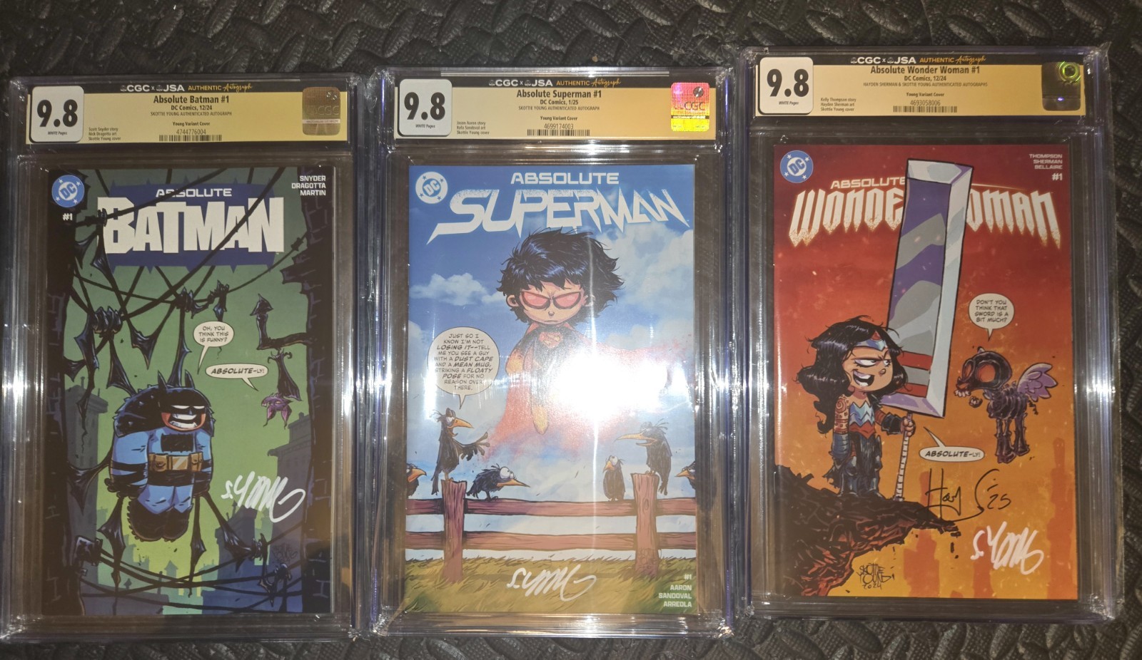 Absolute Batman (SS) ,Wonder Woman 2x (SS) , Superman (JSA), Skottie Set CGC 9.8