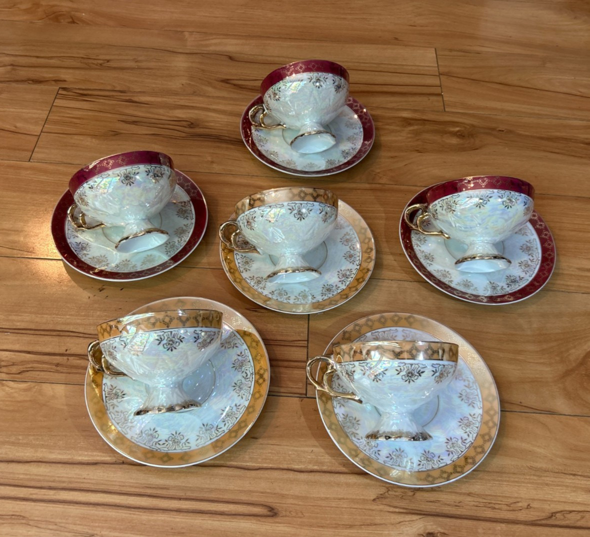 Vintage Norleans Japan footed porcelain teacup and saucer Set of 6