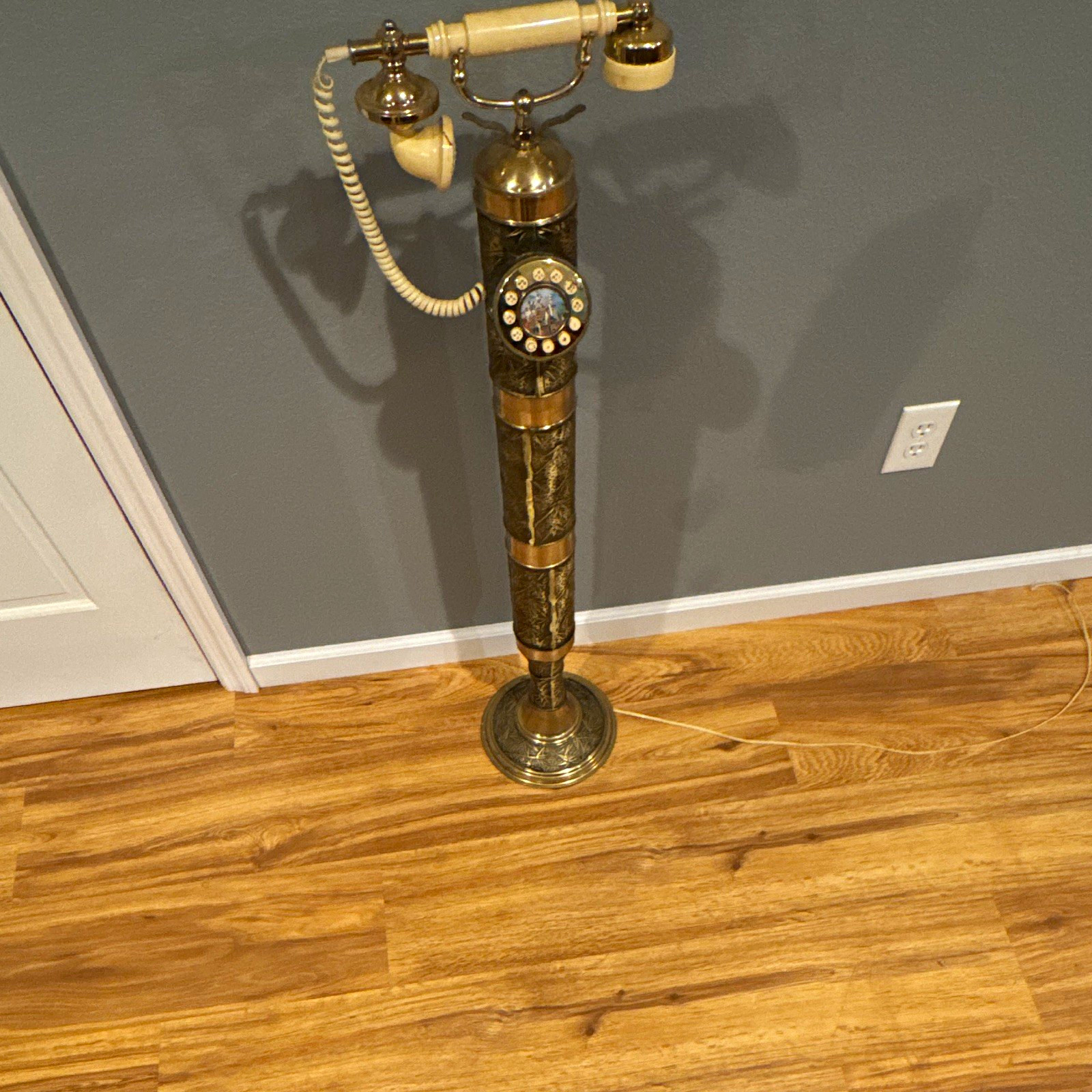 Vintage-Style Brass Tone Floor Standing Rotary Dial Telephone w/ Cream Handset